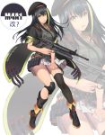  1girl absurdres alternate_costume artist_name assault_rifle asymmetrical_legwear bangs beret black_coat black_footwear black_hair black_hat black_legwear blush boots buckle character_name coat commentary_request girls_frontline green_eyes green_hair grenade_launcher gun hat henz_(86551650) highres holding holding_skirt knee_pads long_hair looking_at_viewer m4_carbine m4a1_(girls_frontline) magazine_(weapon) multicolored_hair open_mouth pleated_skirt pouch ribbed_sweater rifle sidelocks single_thighhigh skirt sleeveless sleeveless_turtleneck solo strap streaked_hair sweater thigh-highs trigger_discipline turtleneck weapon white_background white_skirt zoom_layer 