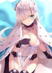 1girl anastasia_(fate/grand_order) arm_support artoria_pendragon_(all) artoria_pendragon_(lancer_alter) artoria_pendragon_(lancer_alter)_(cosplay) azuuru babydoll bangs bare_shoulders black_garter_belt black_gloves black_panties blue_cape blue_eyes blush bracelet breasts cape choker cleavage closed_mouth collarbone commentary commentary_request cosplay craft_essence eyebrows eyebrows_visible_through_hair eyelashes eyelashes_visible_through_hair fate/grand_order fate_(series) fur-trimmed_cape fur_trim garter_belt gloves hair_ornament hair_over_one_eye hairband hand_up highres jewelry large_breasts legs legs_together lingerie long_hair looking_at_viewer necklace panties partial_commentary revealing_clothes royal_icing see-through sidelocks silver_hair sitting snowflake_print solo thigh-highs thighs type-moon underwear very_long_hair