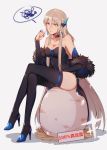  1girl bare_shoulders black_legwear blonde_hair blue_footwear breasts chinese chinese_commentary choker cleavage clenched_hand commentary_request detached_sleeves egg fate_(series) fur_trim green_eyes grey_background high_heels large_breasts legs_crossed long_hair morgan_le_fay_(fate) shadow sign sitting solo sparkle spoken_squiggle squiggle tattoo thigh-highs translation_request very_long_hair yorukun 