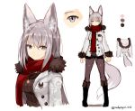  1girl animal_ears black_footwear brown_sweater closed_mouth color_guide eyebrows_visible_through_hair fox_ears fox_tail grey_eyes grey_hair grey_legwear hair_between_eyes highres jacket long_sleeves looking_at_viewer open_clothes open_jacket original pantyhose red_scarf ribbed_sweater scarf simple_background sketch smile standing sukemyon sweater tail white_background white_jacket 