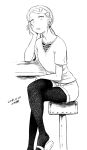  1girl bar_stool dagashi_kashi dated endou_saya greyscale hand_on_own_cheek legs_crossed looking_at_viewer monochrome multiple_piercings open_mouth pantyhose ponytail sandals sanpaku shirt shorts signature sitting solo stool t-shirt tsukudani_(coke-buta) 