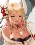  1girl :d bangs bare_shoulders black_bikini_top blonde_hair breasts brown_eyes cleavage collar collarbone commentary earrings elbow_gloves eyebrows_visible_through_hair fur_trim gloves granblue_fantasy hand_up highres horns jewelry koretsuki_azuma kuvira_(granblue_fantasy) large_breasts long_hair long_sleeves looking_at_viewer off_shoulder open_mouth pointy_ears revision shirt sidelocks simple_background smile solo swept_bangs upper_body white_background white_gloves white_shirt wide_sleeves 