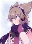  1girl adapted_costume bangs benizuwai breath brown_eyes brown_hair casual commentary_request contemporary earmuffs eyebrows_visible_through_hair gloves hair_between_eyes jacket long_sleeves parted_lips pink_jacket pointy_hair purple_gloves purple_scarf scarf short_hair snowing solo touhou toyosatomimi_no_miko upper_body 