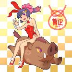  1girl 2019 animal_ears black_hair boar bow bowtie bunny_girl bunny_tail bunnysuit checkered checkered_background chinese_zodiac commentary_request detached_collar fukusuke_hachi-gou full_body gradient_hair high_heels leotard multicolored_hair nengajou new_year original pom_pom_(clothes) ponytail rabbit_ears red_footwear red_leotard red_neckwear redhead ribbon riding solo strapless strapless_leotard tail waving wrist_cuffs year_of_the_pig 