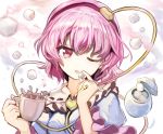  1girl bangs blue_shirt commentary_request cup eyebrows_visible_through_hair frilled_shirt_collar frills fuupu hair_between_eyes hair_ornament hairband hands_up head_tilt heart heart_hair_ornament highres holding holding_cup komeiji_satori looking_at_viewer one_eye_closed parted_lips pink_eyes pink_hair puffy_short_sleeves puffy_sleeves purple_hairband shirt short_hair short_sleeves smile solo sugar_cube teacup touhou upper_body white_background 