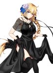  1girl bangs bare_arms black_choker black_dress black_gloves black_legwear blonde_hair blue_eyes blue_flower blush braid breasts choker closed_mouth dress enchuu eyebrows_visible_through_hair fate/grand_order fate_(series) floating_hair flower gloves hair_between_eyes hair_flower hair_ornament head_tilt jeanne_d&#039;arc_(fate) jeanne_d&#039;arc_(fate)_(all) jewelry leg_up long_hair looking_at_viewer medium_breasts necklace see-through simple_background single_braid skirt_hold sleeveless sleeveless_dress smile solo spaghetti_strap standing standing_on_one_leg thigh-highs thighs very_long_hair white_background white_flower 