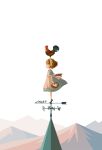  1girl 2017 apron basket bird black_footwear blonde_hair blue_dress chicken dress egg high_heels mountain mountainous_horizon nona_drops original outdoors profile rooster white_apron white_sky 