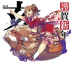 1girl 2019 blue_eyes blush boar breasts brown_hair commentary_request floral_print flower full_body hair_flower hair_ornament happy_new_year horns japanese_clothes kimono new_year obi open_mouth pointing pointing_forward ragnarok_online riding saddle saddlebags sandals sash socks solo_focus translated tusks updo whitesmith xration 