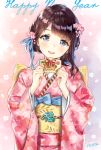  1girl :d ancotaku artist_name back_bow bangs black_hair blue_bow blue_eyes blue_ribbon blush bow chinese_zodiac commentary_request ema floral_background floral_print flower hair_bun hair_flower hair_ornament hair_ribbon happy_new_year holding japanese_clothes kimono long_sleeves looking_at_viewer mole mole_under_eye new_year obi open_mouth original pink_flower red_kimono ribbon sash sidelocks smile solo translated upper_body wide_sleeves year_of_the_pig 