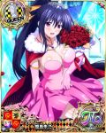  1girl black_hair blush bouquet breasts card_(medium) character_name chess_piece cleavage cloak covered_navel dress elbow_gloves flower gloves hair_ribbon happy high_school_dxd high_school_dxd_pi himejima_akeno jewelry large_breasts long_hair long_ponytail looking_at_viewer official_art pendant ponytail queen_(chess) ribbon smile solo tiara trading_card very_long_hair violet_eyes 
