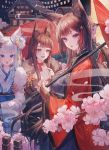  1girl 3girls animal_ears azur_lane bangs blue_eyes blue_kimono blunt_bangs brown_hair eyebrows eyebrows_visible_through_hair fox_ears fox_mask fox_tail highres japanese_clothes kimono long_hair looking_at_viewer maccha_(mochancc) mask multiple_girls new_year oriental_umbrella red_eyes red_kimono short_hair silver_hair tail umbrella wide_sleeves 