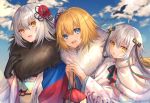  .com_(cu_105) 3girls :d :o ahoge bangs black_ribbon blonde_hair blue_eyes blue_sky blurry blurry_background capelet chestnut_mouth clouds cloudy_sky commentary_request day depth_of_field eyebrows_visible_through_hair fate/grand_order fate_(series) floral_print flower fur-trimmed_capelet fur_collar fur_trim green_ribbon hair_between_eyes hair_flower hair_ornament hair_ribbon hands_up head_tilt holding japanese_clothes jeanne_d&#039;arc_(alter)_(fate) jeanne_d&#039;arc_(fate) jeanne_d&#039;arc_(fate)_(all) jeanne_d&#039;arc_alter_santa_lily kimono long_hair looking_at_viewer multiple_girls open_mouth outdoors parted_lips red_flower ribbon short_hair side-by-side sidelocks silver_hair sky smile star star_hair_ornament white_capelet yellow_eyes 