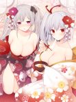  2girls blush bowl breasts chopsticks cleavage collarbone floral_print flower food hair_flower hair_ornament hair_ribbon heart heart-shaped_pupils highres japanese_clothes kimono large_breasts long_hair looking_at_viewer miko_92 mochi multiple_girls original pink_eyes red_eyes ribbon short_hair side_ponytail silver_hair symbol-shaped_pupils twintails 