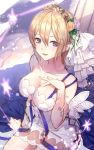  1girl armlet bangs bare_shoulders blonde_hair blue_eyes breasts cleavage collarbone commentary_request dress europa_(granblue_fantasy) eyebrows_visible_through_hair flower granblue_fantasy hair_between_eyes hair_flower hair_ornament hand_on_own_chest highres large_breasts looking_at_viewer open_mouth rilmok short_hair sitting smile thighs tiara white_dress 