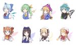  6+girls american_flag_dress antennae ascot bangs black_hair black_neckwear black_ribbon blonde_hair blue_bow blue_dress blue_eyes blue_hair blunt_bangs bow bowtie brown_eyes butterfly_wings cirno closed_eyes clownpiece cropped_torso daiyousei dress drill_hair eternity_larva eyebrows_visible_through_hair fairy_wings green_eyes green_hair hair_bow hair_ribbon hat highres jester_cap leaf leaf_on_head lily_white looking_at_viewer luna_child multiple_girls neck_ruff open_mouth orange_hair polka_dot puffy_short_sleeves puffy_sleeves purple_hat red_bow red_eyes red_neckwear ribbon risui_(suzu_rks) shirt short_hair short_sleeves side_ponytail simple_background sleeveless sleeveless_dress smile star star_print star_sapphire striped sunny_milk touhou two_side_up white_background white_hat white_shirt wing_collar wings yellow_neckwear yellow_ribbon 