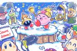1boy 1other 3girls beanie bell blonde_hair blue_gloves blue_hair boom_microphone coat commentary_request copy_ability earmuffs flamberge_(kirby) francisca_(kirby) gloves hands_in_pockets hat hyness kirby kirby_(series) mittens multiple_girls musical_note nintendo notepad official_art redhead ringle scarf video_camera waddle_dee winter_clothes winter_coat zan_partizanne