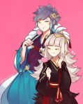  1boy 1girl absurdres blue_eyes blush closed_eyes collarbone commentary cotton_candy crown eating fire_emblem fire_emblem_heroes food food_in_face food_in_mouth gradient_hair grey_hair hair_ornament highres holding holding_food hrid_(fire_emblem_heroes) japanese_clothes kimono lazymimium long_hair looking_at_another multicolored_hair new_year nintendo pink_background short_hair silver_hair simple_background spiky_hair twitter_username veronica_(fire_emblem) white_hair yukata 