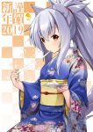  1girl 2019 animal_ear_fluff animal_ears bangs blue_kimono blush checkered checkered_background closed_mouth commentary_request eyebrows_visible_through_hair fingernails floral_print food hair_between_eyes happy_new_year high_ponytail highres holding holding_food holding_plate japanese_clothes kimono long_sleeves looking_at_viewer new_year obi original plate ponytail print_kimono red_eyes sash shachoo. sidelocks silver_hair sitting solo translated wolf_ears wolf_girl 