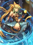  1girl ahoge animal_ears apple aqua_legwear aqua_skirt atalanta_(fate) bare_shoulders blonde_hair bow_(weapon) breasts cat_ears cat_tail cleavage closed_mouth commentary_request fang fate/grand_order fate_(series) food fruit gauntlets gradient_hair green_eyes green_hair hair_bobbles hair_ornament highres holding holding_bow_(weapon) holding_weapon long_hair looking_at_viewer multicolored_hair multiple_girls skirt solo tail thigh-highs thighs tsuki_suigetsu two-tone_hair weapon 