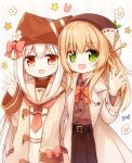 2girls :d animal_ears animal_hat bangs belt belt_buckle black_belt blonde_hair blush bow brown_coat brown_eyes brown_hat brown_sailor_collar brown_shirt brown_skirt buckle cat_ears cat_hat coat collared_shirt commentary_request dress dress_shirt eyebrows_visible_through_hair flower green_eyes hair_between_eyes hand_up hat long_hair long_sleeves looking_at_viewer multiple_girls neckerchief open_clothes open_coat open_mouth orange_bow original pleated_skirt red_neckwear sailor_collar sailor_dress shirt simple_background skirt sleeves_past_wrists smile star very_long_hair white_background white_dress white_flower white_hair wide_sleeves yellow_flower yuuhagi_(amaretto-no-natsu) 