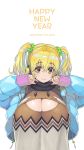  1girl 2019 blonde_hair blush boar breasts center_opening chinese_zodiac cleavage cleavage_cutout happy_new_year headphones highres huge_breasts large_breasts looking_at_viewer meme_attire nengajou new_year nitroplus open-chest_sweater orange_eyes plump smile solo super_pochaco sweater tsuji_santa turtleneck twintails year_of_the_pig 