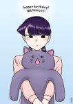  1girl black_eyes black_hair cat doritsuko grey_background highres komi-san_wa_komyushou_desu komi_shouko long_hair looking_at_viewer open_mouth stuffed_animal stuffed_toy translated 