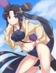  1girl bikini black_hair blue_bikini blue_eyes blue_sky breasts cardigan clouds day eyebrows_visible_through_hair fate/grand_order fate_(series) floating_hair hal-bard halterneck hand_on_hip highres leg_up long_hair looking_at_viewer medium_breasts navel open_cardigan open_clothes outdoors shiny shiny_hair side_ponytail sky smile solo sweater swimsuit tied_hair ushiwakamaru_(fate/grand_order) very_long_hair yellow_sweater 