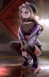  1girl aa-12_(girls_frontline) absurdres bangs_pinned_back between_legs black_footwear black_hat black_legwear black_panties blue_eyes blurry blurry_background bright_pupils chain-link_fence character_name clothes_writing collarbone commentary crop_top double_vertical_stripe drawstring eyeshadow fence full_body fur-trimmed_jacket fur_trim girls_frontline grey_hair grey_jacket hair_ornament hand_between_legs hat highres ice jacket long_hair long_sleeves looking_away looking_up makeup mouth_hold no_pants panties reflection reflective_floor shoes solo squatting star star_hair_ornament testame thigh-highs tsurime underwear unzipped zipper 
