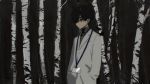  1boy black_hair closed_mouth forest grey_eyes hands_in_pockets hirota_tsuu labcoat long_sleeves male_focus name_tag nature original solo standing tree turtleneck upper_body 