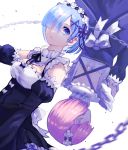  2girls black_bow black_ribbon black_sleeves blue_eyes blue_hair bow breasts chains choker detached_sleeves flower hair_flower hair_ornament hair_ribbon head_wreath highres long_sleeves looking_at_viewer medium_breasts multiple_girls neck_ribbon nomuraumu open_mouth pink_hair purple_ribbon ram_(re:zero) re:zero_kara_hajimeru_isekai_seikatsu rem_(re:zero) ribbon ribbon-trimmed_sleeves ribbon_trim roswaal_mansion_maid_uniform short_hair siblings sisters white_background white_bow white_flower 