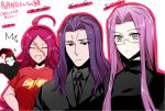  2boys 2girls ahoge assassin_(fate/zero) berserker_(fate/zero) breasts closed_eyes facial_scar fate/extra fate/grand_order fate/stay_night fate/zero fate_(series) formal francis_drake_(fate) grey_eyes long_hair medusa_(fate)_(all) multiple_boys multiple_girls necktie open_mouth pink_hair purple_hair rider scar suit sweater turtleneck violet_eyes ycco_(estrella) 