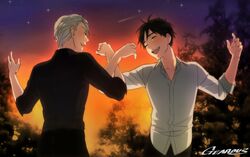  2boys :d ^_^ artist_name black_hair black_pants black_shirt closed_eyes closed_eyes commentary dancing forest gearous grey_hair happy katsuki_yuuri locked_arms long_sleeves male_focus multiple_boys nature night night_sky open_mouth orange_sky outdoors pants profile shirt shooting_star short_hair sky smile standing star_(sky) starry_sky symbol_commentary teeth tree twilight upper_body upper_teeth viktor_nikiforov white_shirt yaoi yuri!!!_on_ice 