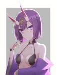  1girl artist_name bangs blush breasts choker cleavage collarbone eyebrows_visible_through_hair fate/grand_order fate_(series) hair_ornament highres horns jiafei2o3 purple_hair shiny shiny_hair short_hair shuten_douji_(fate/grand_order) small_breasts smile solo upper_body violet_eyes 