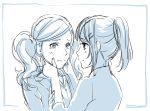  2girls amupon atlus crying looking_at_another megami_tensei monochrome multiple_girls persona persona_5 ponytail profile sad sketch smile suzui_shiho takamaki_anne tears touching twintails upper_body 