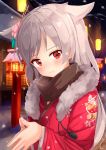  1girl ame. animal_ears azur_lane blush building closed_mouth commentary_request fingernails floral_print flower fur_collar grey_hair hair_flower hair_ornament head_tilt highres japanese_clothes kimono lantern long_hair long_sleeves looking_at_viewer montpelier_(azur_lane) night night_sky outdoors own_hands_together pink_flower print_kimono red_eyes red_kimono sky snow snowing solo very_long_hair 