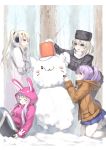  4girls :d absurdres animal_ears animal_hood ayanami_(azur_lane) azur_lane bangs black_coat black_hat black_ribbon blue_eyes blue_skirt blush bow brown_coat brown_eyes bucket_hat bunny_hood coat commentary_request day earmuffs eyebrows_visible_through_hair fur fur_collar gloves green_eyes grey_mittens grey_pants hair_between_eyes hair_bow hair_ornament hair_ribbon hairclip hat high_ponytail highres hood hood_down hood_up hooded_coat hooded_jacket jacket javelin_(azur_lane) kneeling laffey_(azur_lane) light_brown_hair long_hair long_sleeves mittens multiple_girls open_mouth outdoors pants pantyhose parted_lips pink_jacket pleated_skirt ponytail purple_hair rabbit_ears ribbon shoes silver_hair sitting skirt sleeves_past_wrists smile snow snowman standing striped striped_bow sweat tree very_long_hair white_coat white_footwear white_gloves white_legwear white_mittens yamanokami_eaka z23_(azur_lane) 