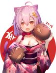  1girl 2019 :d ahoge animal animal_ear_fluff animal_ears bangs bare_shoulders blush breasts brown_eyes cat_ears chinese_zodiac cleavage collarbone commentary_request fangs floral_print hair_between_eyes hair_ornament hand_up highres japanese_clothes kimono large_breasts long_hair obi off_shoulder open_mouth original pig pink_kimono print_kimono purple_hair red_background rk_(rktorinegi) sash smile solo star star_hair_ornament two-tone_background upper_body white_background year_of_the_pig 