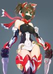  1girl armor asura_ninja breasts brown_hair commentary_request covered_nipples dagger dual_wielding face_mask green_eyes holding jamadhar large_breasts leotard looking_at_viewer mask megami_device nandz ninja ninja_mask red_scarf scarf short_hair solo twintails weapon 