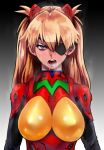  blue_eyes blush bodysuit eyepatch long_hair looking_at_viewer multicolored multicolored_bodysuit multicolored_clothes neon_genesis_evangelion open_mouth orange_hair plugsuit red_bodysuit sgk souryuu_asuka_langley sweat 