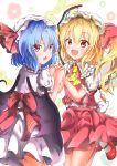  2girls :d :o ascot bangs bat_wings blonde_hair blue_hair blush buttons commentary_request cowboy_shot crystal eyebrows_visible_through_hair fang flandre_scarlet floral_background frilled_shirt_collar frilled_sleeves frills frown glint hair_between_eyes hand_holding hands_up hat hat_ribbon highres leg_up loli_ta1582 long_hair looking_at_viewer looking_back mary_janes miniskirt mob_cap multiple_girls one_side_up open_mouth pink_ribbon pink_skirt pink_vest puffy_short_sleeves puffy_sleeves red_eyes red_footwear red_ribbon remilia_scarlet ribbon shirt shirt_tucked_in shoes short_hair short_sleeves skirt skirt_set smile socks standing standing_on_one_leg touhou v-shaped_eyebrows vest white_background white_hat white_legwear white_shirt white_skirt wings yellow_neckwear 