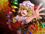  1girl :d arm_at_side arm_up ascot bangs bare_arms blonde_hair bow collarbone crystal dutch_angle fangs fingernails flandre_scarlet foreshortening frilled_shirt frilled_shirt_collar frilled_sleeves frills graphite_(medium) hair_between_eyes hat hat_bow hat_ribbon head_tilt looking_at_viewer medium_hair midriff_peek mob_cap mudix2 nail_polish open_mouth outstretched_arm outstretched_hand reaching_out red_bow red_eyes red_nails red_ribbon red_skirt red_vest ribbon shirt short_sleeves side_ponytail signature skirt skirt_set smile solo spread_fingers stomach tongue touhou traditional_media upper_body upper_teeth vest white_shirt wings yellow_neckwear 