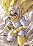  1boy abs absurdres blonde_hair boku_no_hero_academia cape clenched_hand crack gloves gran_torino grey_background highres male_focus max07817 muscle rock sketch smile solo yellow_cape yellow_gloves younger 