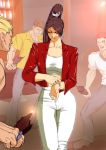  1girl 3boys alcohol alternate_costume bar bar_stool blonde_hair blue_pants bottle bracelet breasts broken_bottle brown_footwear brown_hair casual cleavage closed_eyes closed_mouth counter fatal_fury grin hair_tie high_ponytail highres iehay imminent_fight indoors jacket jewelry long_hair looking_at_another midriff multiple_boys open_mouth pants ponytail red_jacket redhead ring shiranui_mai shirt smile stool surrounded the_king_of_fighters white_crop_top white_pants white_shirt yellow_shirt 