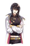  1boy :d belt black_hair chinese_clothes coat crossed_arms eyebrows_visible_through_hair hair_between_eyes head_tilt kangetsu_(fhalei) long_hair long_sleeves looking_at_viewer male_focus open_clothes open_coat open_mouth original simple_background smile solo upper_body v vest white_background yellow_eyes 