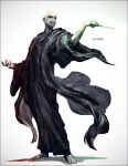  1boy angry bald bangs barefoot black_cloak cloak colored_skin commentary_request full_body grey_background grey_skin harry_potter_(series) holding holding_wand k-suwabe long_sleeves male_focus simple_background solo standing teeth voldemort wand 