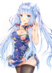  1girl :d azur_lane bangs bare_arms bare_shoulders black_legwear blue_dress blue_eyes blunt_bangs blush breasts chahei china_dress chinese_clothes cleavage cleavage_cutout covered_nipples cowboy_shot double_bun dress eyebrows_visible_through_hair floral_print frilled_dress frills hair_ornament hair_scrunchie hand_on_own_chest hands_up highres illustrious_(azur_lane) index_finger_raised long_hair looking_at_viewer low-tied_long_hair medium_breasts mole mole_under_eye open_mouth scrunchie shiny shiny_hair short_dress side_slit sidelocks silver_hair simple_background sleeveless sleeveless_dress smile solo thigh-highs twintails very_long_hair white_background 