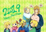  2019 3boys 3girls animal animal_on_head argyle argyle_background blonde_hair blue_eyes blush closed_eyes crossed_arms dark_skin eyebrows_visible_through_hair eyeliner flower food fur_trim hair_bun hair_flower hair_ornament hand_on_own_chin happy_new_year heart imagining index_finger_raised japanese_clothes kimono link long_hair looking_at_another makeup meat multiple_boys multiple_girls multiple_persona new_year nintendo obi on_head open_mouth patterned_background pig pointy_ears princess_zelda saiba_(henrietta) sash scowl short_hair sidelocks sweatdrop tetra the_legend_of_zelda the_legend_of_zelda:_breath_of_the_wild the_legend_of_zelda:_spirit_tracks the_legend_of_zelda:_the_wind_waker toon_link toon_zelda triforce twitter_username 