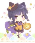  1girl black_hair black_skirt blush braid candy cape eyebrows_visible_through_hair food halloween halloween_costume hat jack-o&#039;-lantern kantai_collection kitakami_(kantai_collection) komi_zumiko long_hair open_mouth pleated_skirt pumpkin short_sleeves single_braid skirt solo star violet_eyes witch_hat 