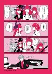  1boy 4koma 5girls absurdres ahoge android antonio_salieri_(fate/grand_order) artist_name bangs bare_shoulders chaldea_uniform comic commentary_request dated dragon_horns electric_guitar elizabeth_bathory_(fate) elizabeth_bathory_(fate)_(all) elizabeth_bathory_(halloween_caster)_(fate) fate/grand_order fate_(series) fujimaru_ritsuka_(female) guitar hair_ornament hair_scrunchie hat highres horns instrument long_hair looking_at_another mecha_eli-chan mecha_eli-chan_mk.ii microphone multiple_girls music odeyama one_eye_closed partially_colored partially_translated pink_eyes pointy_ears redhead scrunchie short_hair side_ponytail singing smile sweat translation_request triangle_mouth upper_body witch_hat 