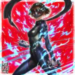  1girl aura black_scarf blue_bodysuit bodysuit breasts brown_hair clenched_hands clenched_teeth cowboy_shot dated fighting_stance from_side highres holding holding_weapon ikeda_(cpt) legs_apart looking_at_viewer looking_to_the_side mask medium_breasts niijima_makoto persona persona_5 persona_q2:_new_cinema_labyrinth persona_q_(series) red_background red_eyes scarf short_hair solo spikes standing teeth weapon 